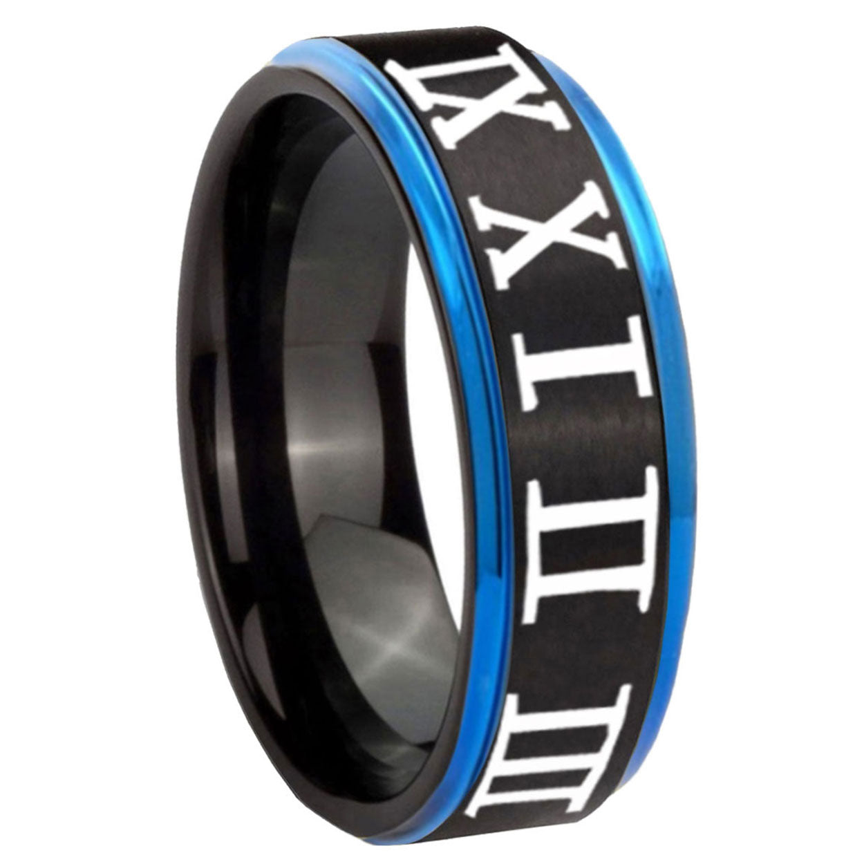 8mm Roman Numeral Blue Step Edge Black Tungsten Ring for Men