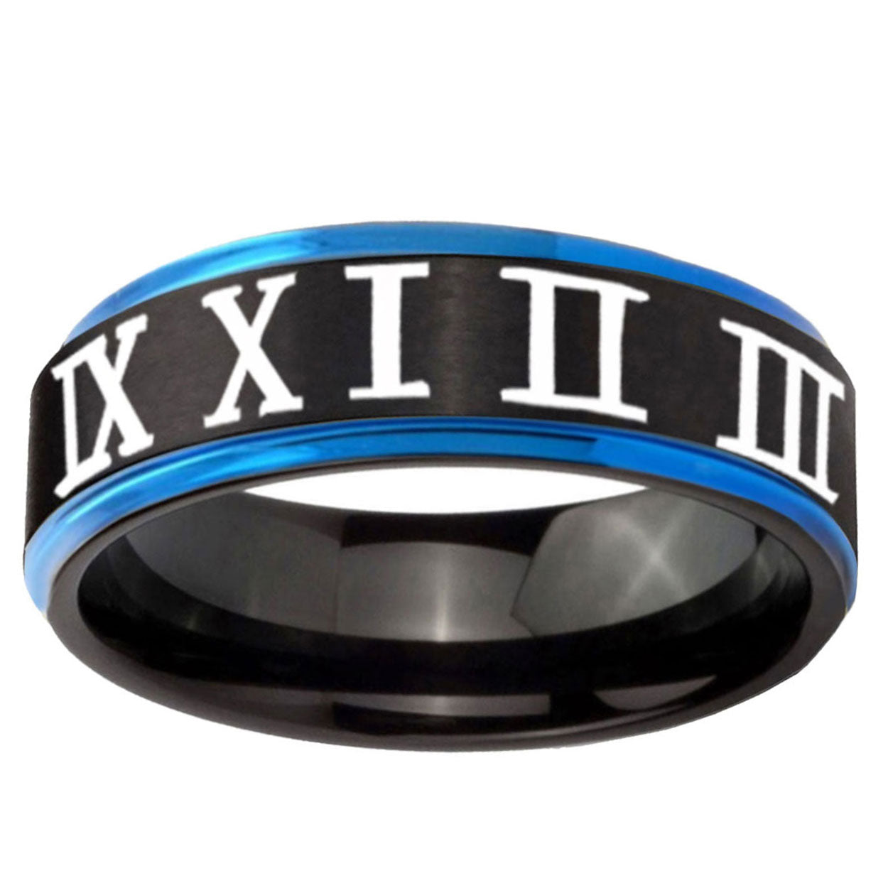 5mm Roman Numeral Blue Step Edge Black Tungsten Ring for Men