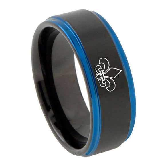 10mm-Fleur-De-Lis-Blue-Step-Edges-Brushed-Tungsten-Carbide-Mens-Promise-Ring