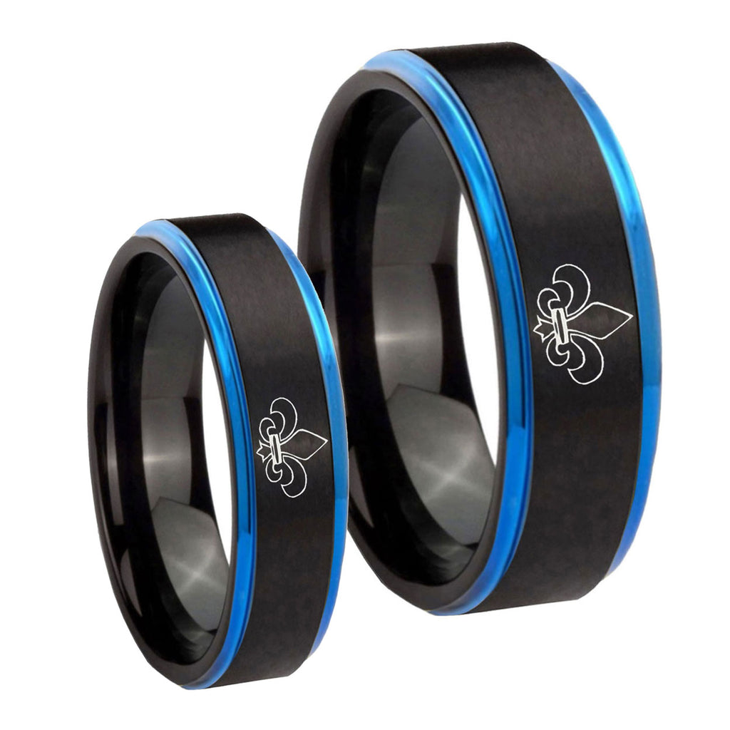 Fleur De Lis Blue Step Edges Tungsten Mens Band Set
