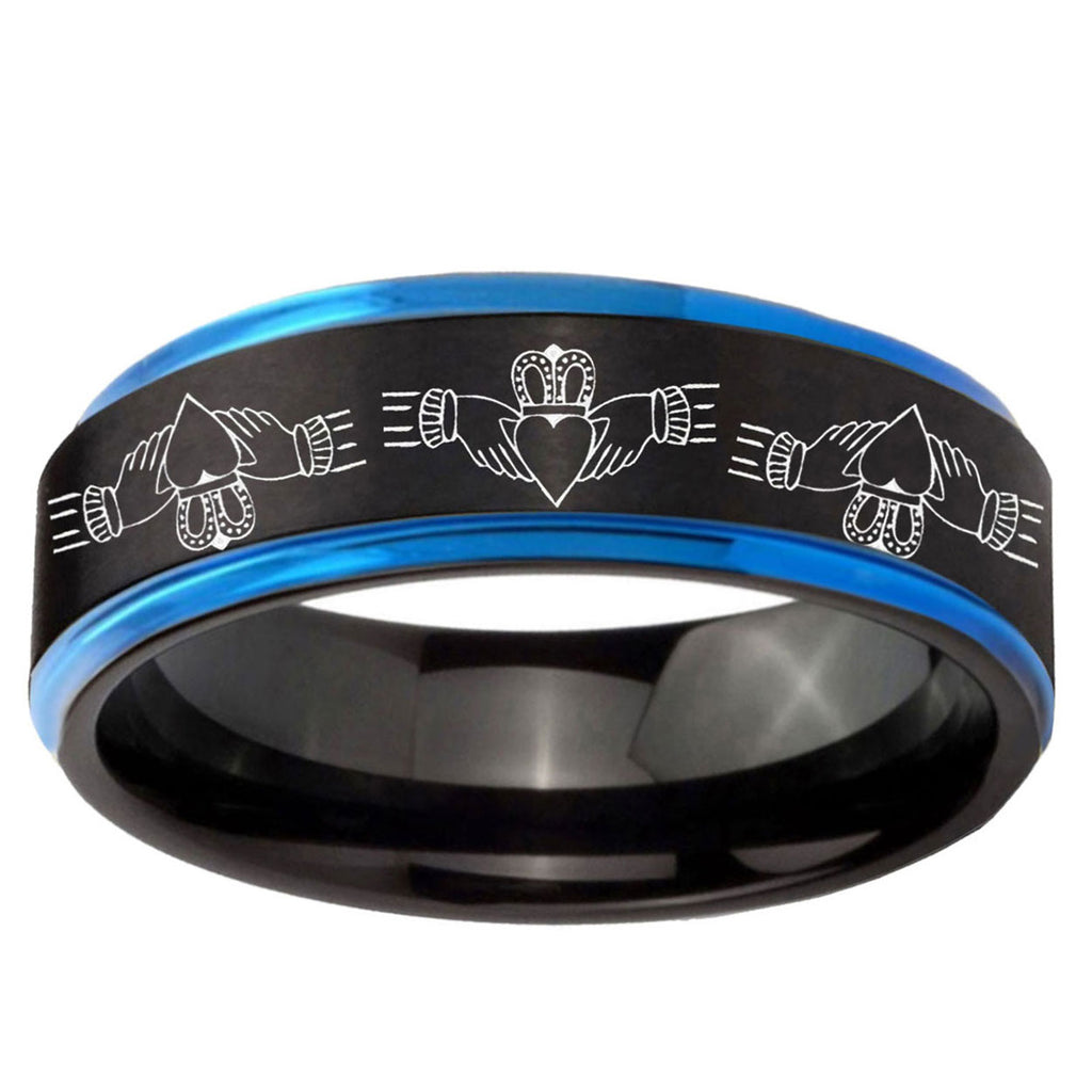 5mm Irish Claddagh Blue Step Edge Black Tungsten Ring