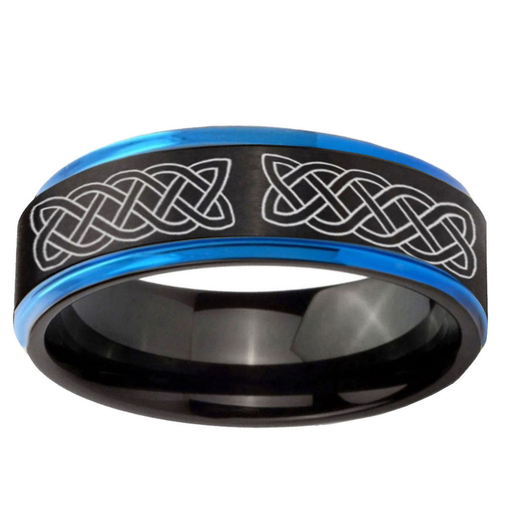 5mm Celtic Knot Blue Step Edge Black Tungsten Ring
