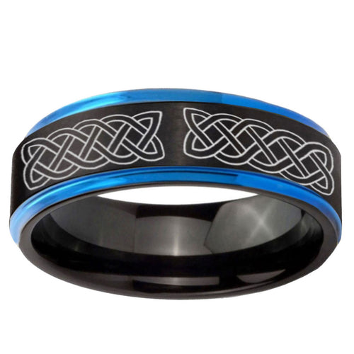 5mm Celtic Knot Blue Step Edge Black Tungsten Ring