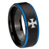 10mm-Maltese-Cross-Blue-Step-Edges-Brushed-Tungsten-Carbide-Mens-Promise-Ring