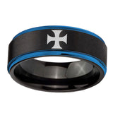 10mm-Maltese-Cross-Blue-Step-Edges-Brushed-Tungsten-Carbide-Mens-Promise-Ring