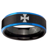 10mm Maltese Cross Blue Step Edge Brushed Tungsten Ring