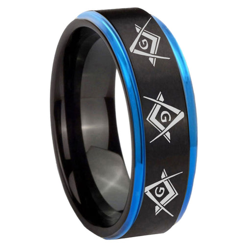 8mm Master Mason Masonic Blue Step Edge Black Tungsten Band