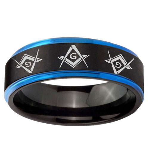 5mm Master Mason Masonic Blue Step Edge Black Tungsten Band
