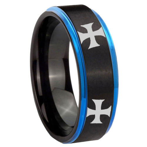 8mm 4 Maltese Cross Blue Step Edge Black Tungsten Bands Ring