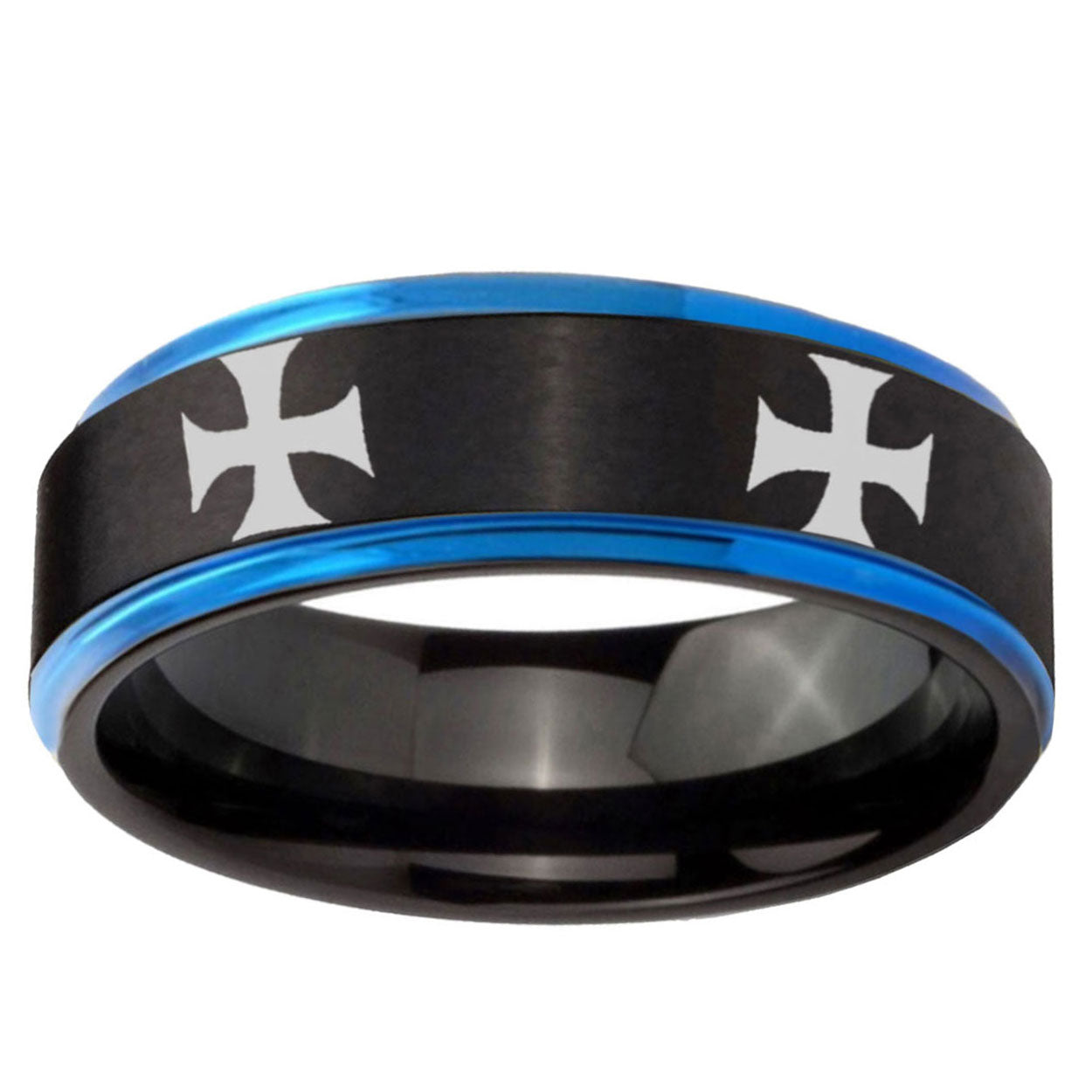 5mm 4 Maltese Cross Blue Step Edge Black Tungsten Bands Ring