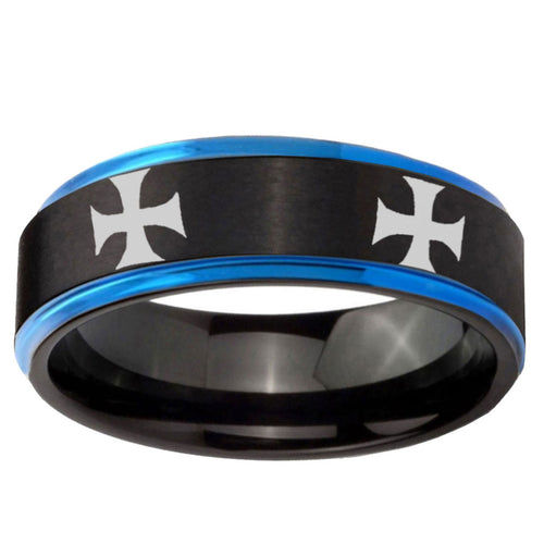 5mm 4 Maltese Cross Blue Step Edge Black Tungsten Bands Ring