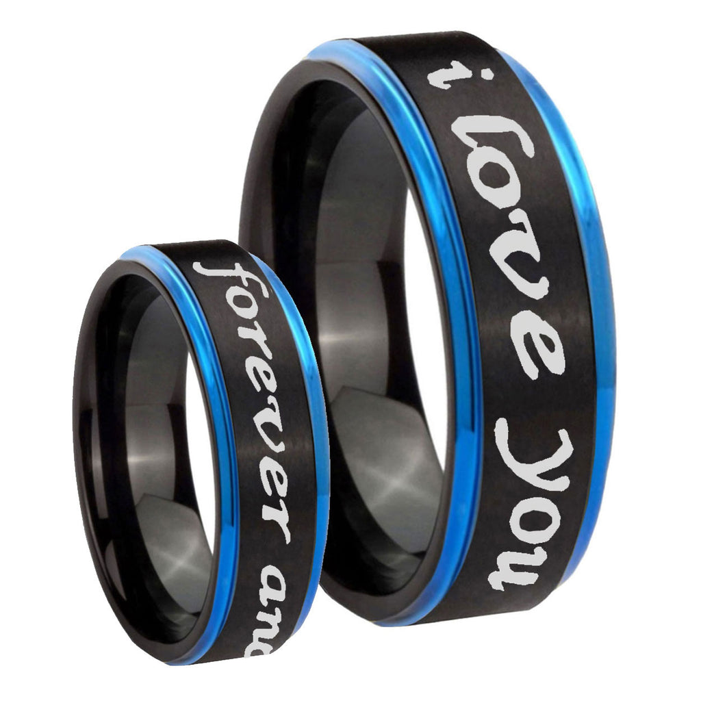 8mm I Love You Forever ever Blue Step Edge Black Tungsten Ring