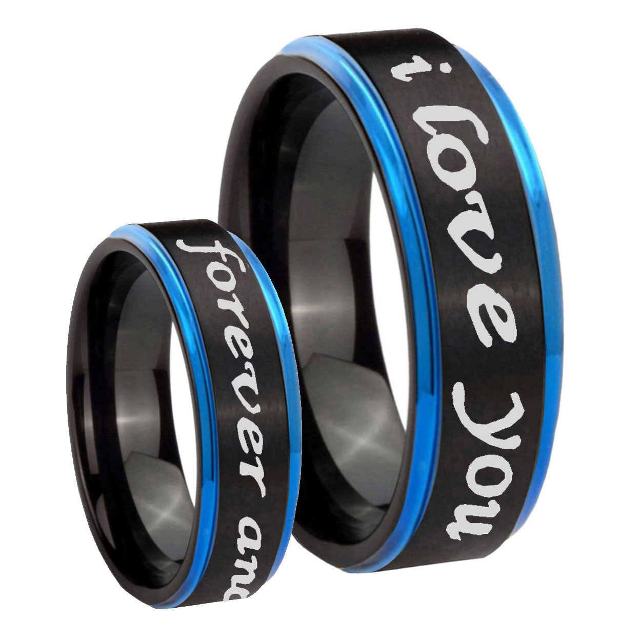 8mm I Love You Forever ever Blue Step Edge Black Tungsten Ring