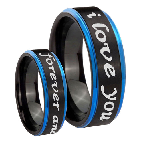 8mm I Love You Forever ever Blue Step Edge Black Tungsten Ring
