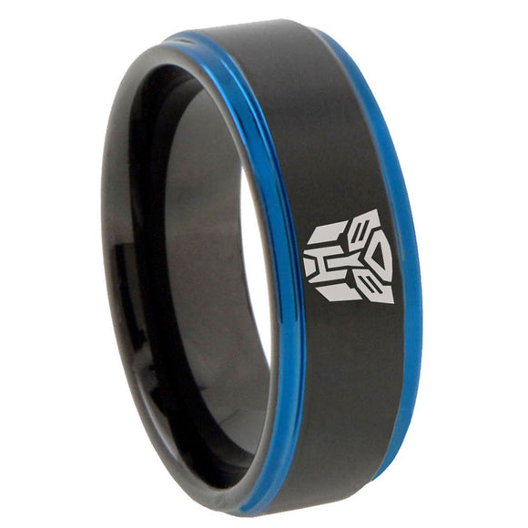 8mm Transformers Autobot Step Edge Black Blue Tungsten Wedding Ring