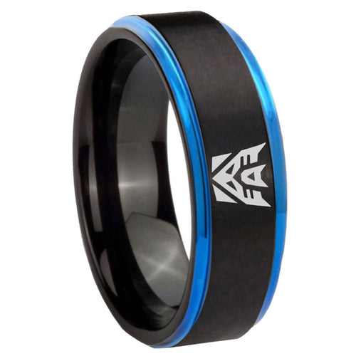 8mm Decepticon Transformers Blue Step Edge Black Tungsten Ring