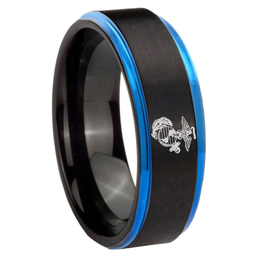 8mm Marine Blue Step Edge Black Tungsten Engagement Ring