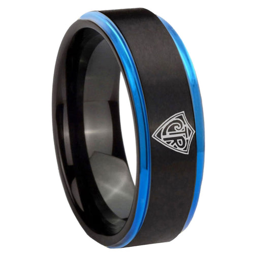 8mm CTR Blue Step Edge Black Tungsten Mens Promise Ring
