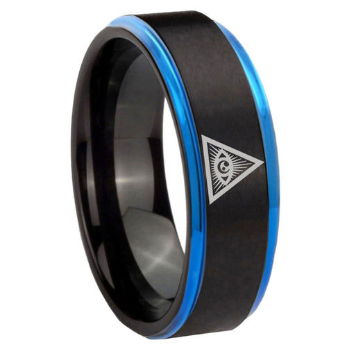 8mm Seeing Eye of God Blue Step Edge Black Tungsten Ring