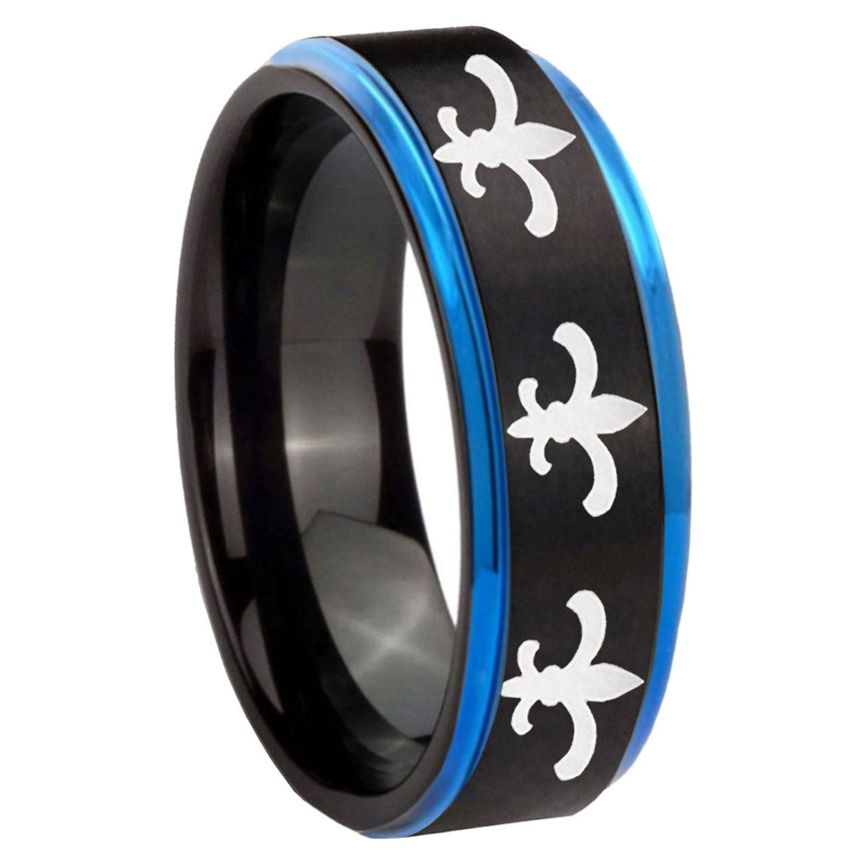 8mm Multiple Fleur-De-Lis Blue Step Edge Black Tungsten Ring