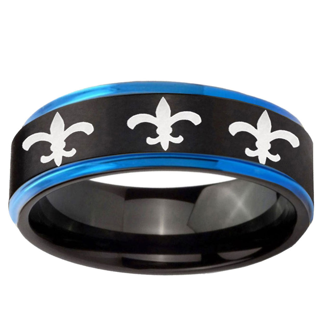 5mm Multiple Fleur-De-Lis Blue Step Edge Black Tungsten Ring