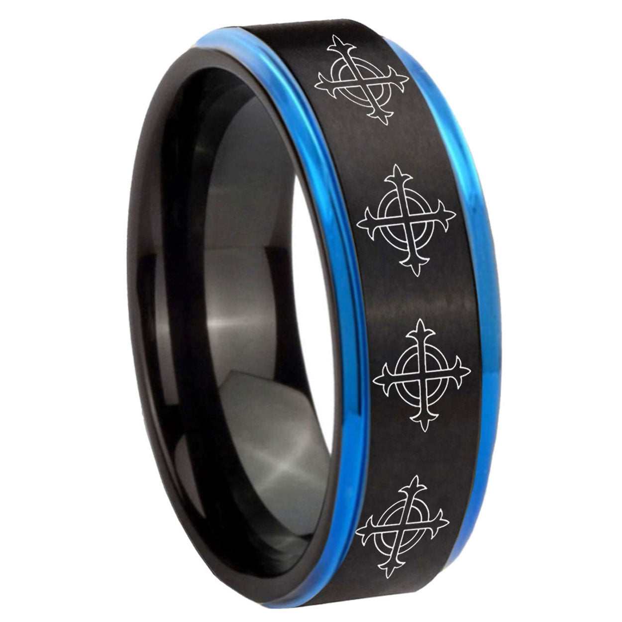 8mm Multiple Crosses Blue Step Edge Black Tungsten Men Bands