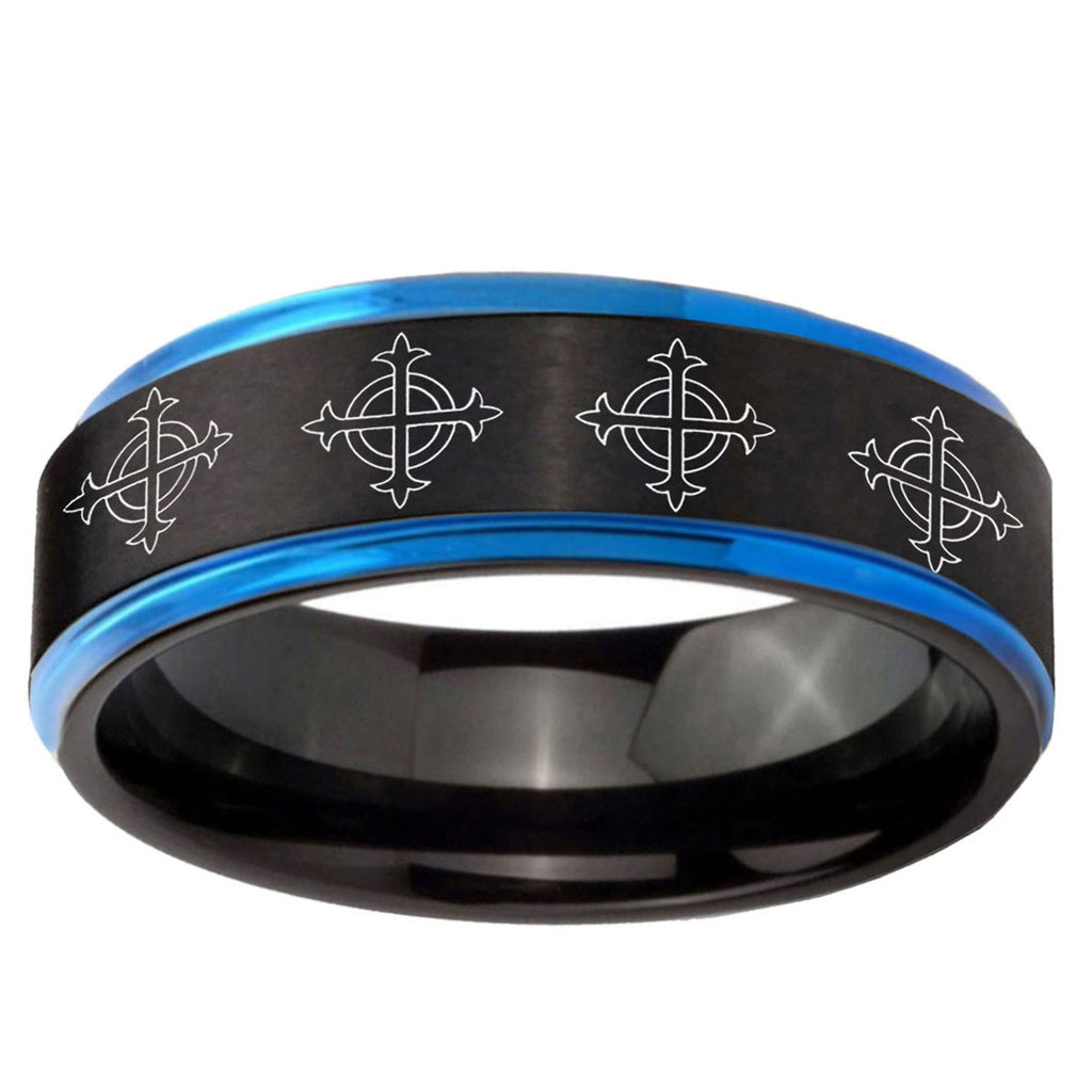 5mm Multiple Crosses Blue Step Edge Black Tungsten Men Bands