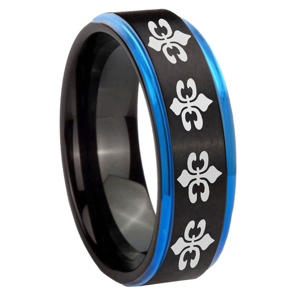8mm Multiple Fleur-De-Lis Blue Step Edge Black Tungsten Ring