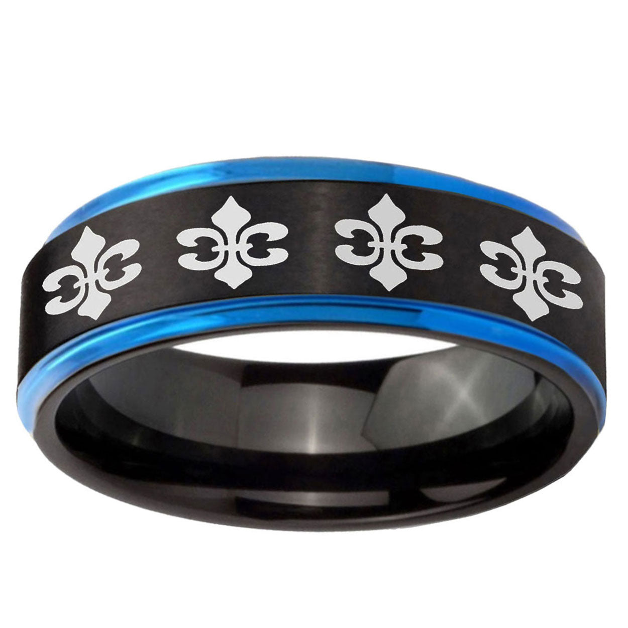 5mm Multiple Fleur-De-Lis Blue Step Edge Black Tungsten Ring
