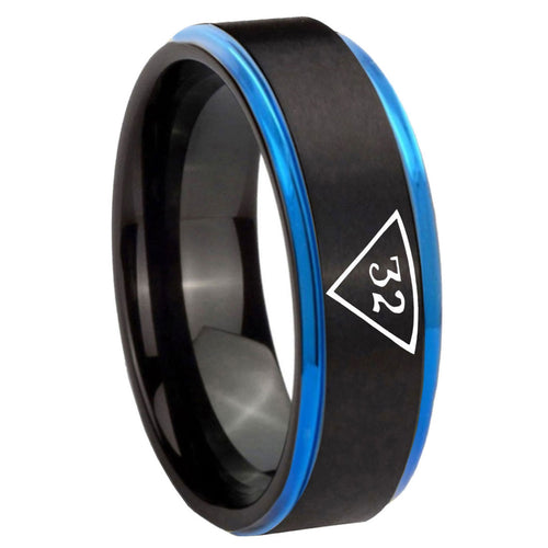 8mm Masonic 32 Triangle Freemason Blue Step Edge Black Tungsten Ring
