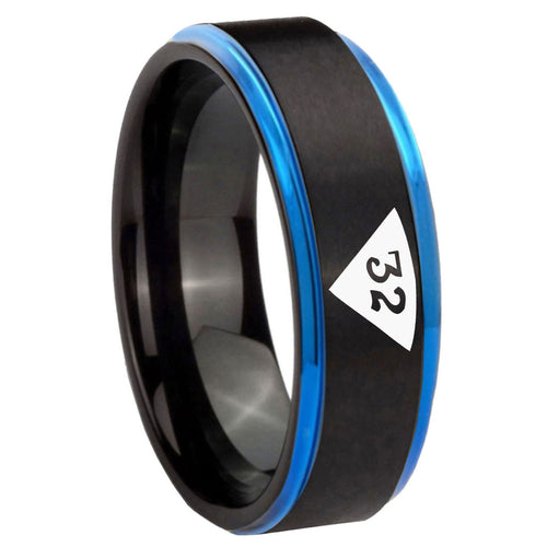 8mm Masonic 32 Triangle Design Freemason Blue Step Edge Black Tungsten Ring