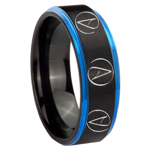 8mm Atheist Design Blue Step Edge Black Tungsten Ring
