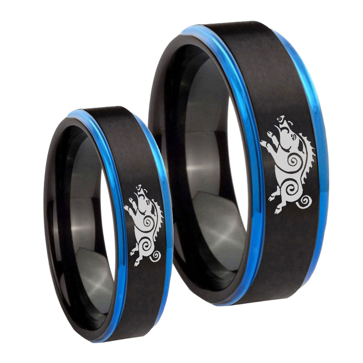 Wild Boar Blue Step Edges Tungsten Couples Ring Set