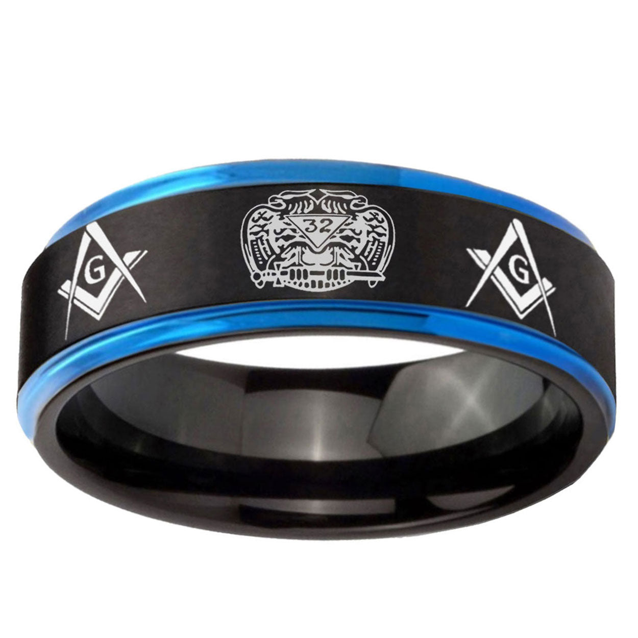 5mm Masonic 32 Design Blue Step Edge Black Tungsten Ring