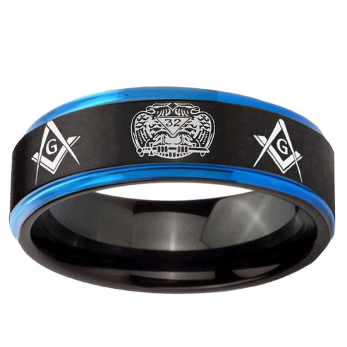5mm Masonic 32 Design Blue Step Edge Black Tungsten Ring
