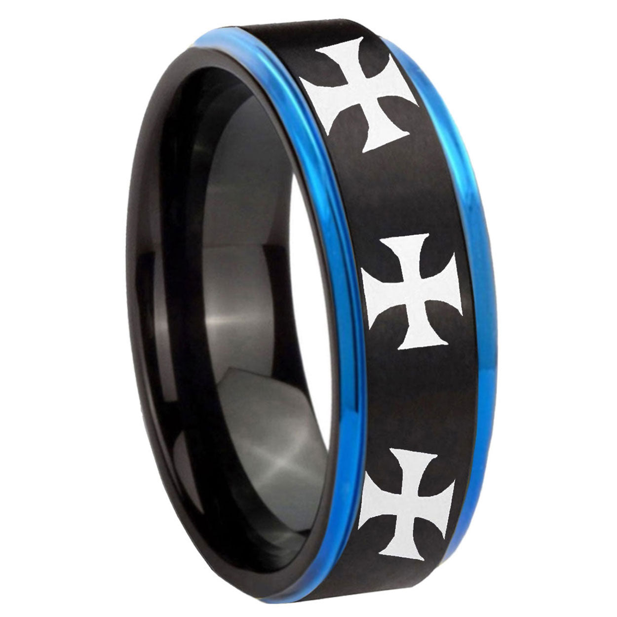 8mm Multiple Maltese Cross Blue Step Edge Black Tungsten Ring