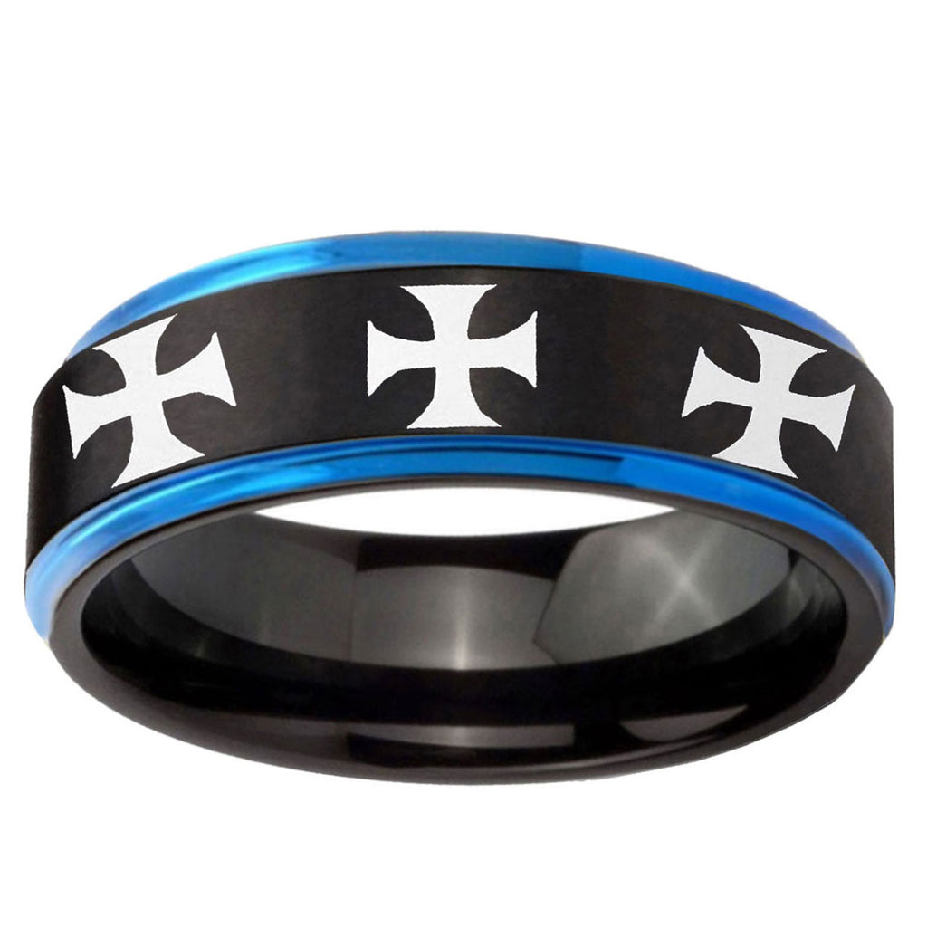 5mm Multiple Maltese Cross Blue Step Edge Black Tungsten Ring