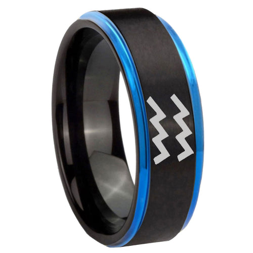 8mm Aquarius Horoscope Blue Step Edge Black Tungsten Ring