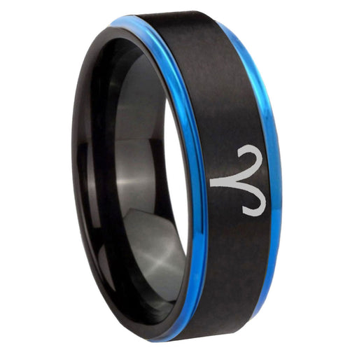 8mm Aries Zodiac Blue Step Edge Black Tungsten Wedding Band