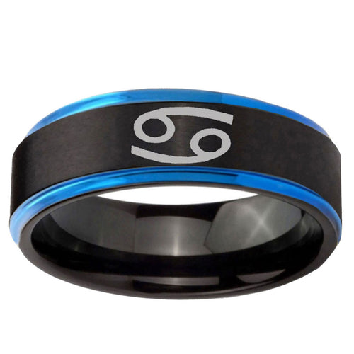 5mm Cancer Horoscope Blue Step Edge Black Tungsten Ring