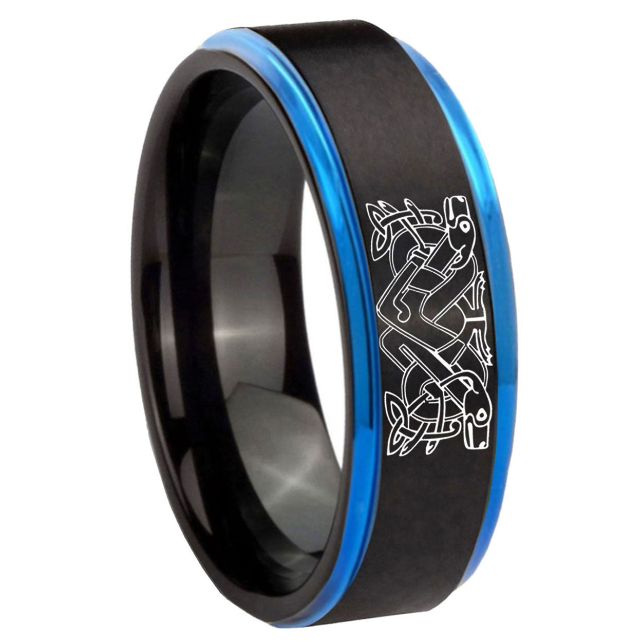 8mm Celtic Dog Blue Step Edge Black Tungsten Mens Ring