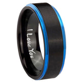 5, 8mm I Love You Blue Step Edge Black Tungsten Carbide Men's Wedding Ring