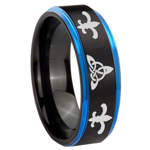 8mm Celtic Triangle Fleur-De-Lis Blue Step Edge Black Tungsten Ring