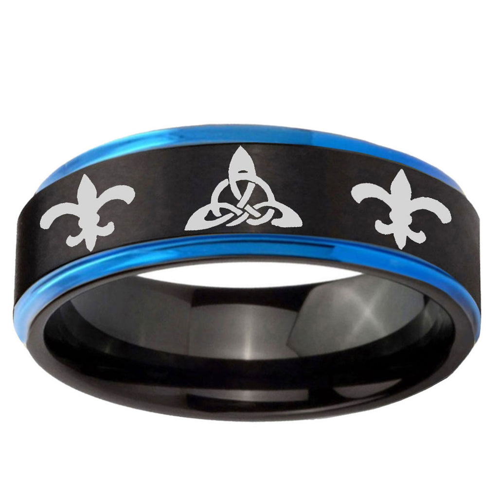 5mm Celtic Triangle Fleur-De-Lis Blue Step Edge Black Tungsten Ring