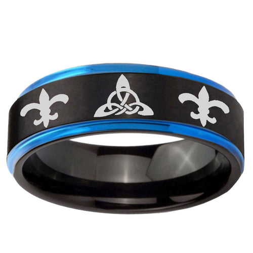 5mm Celtic Triangle Fleur-De-Lis Blue Step Edge Black Tungsten Ring
