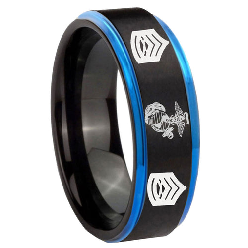8mm Marine Army Sergeant Blue Step Edge Black Tungsten Band