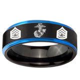 5mm Marine Army Sergeant Blue Step Edge Black Tungsten Carbide Mens Bands Ring