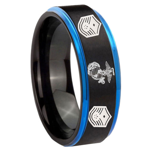 8mm Marine Chief Master Sergeant Blue Step Edge Black Tungsten Band
