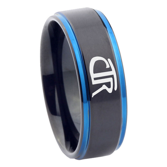 8mm CTR Step Edge Black Blue Mens Tungsten Rings