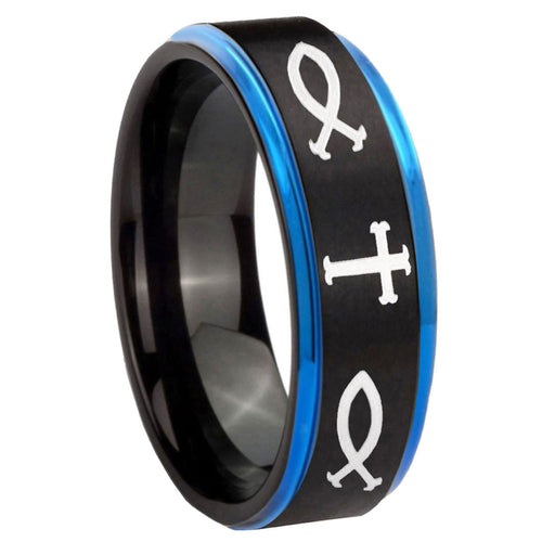 8mm Fish & Cross Blue Step Edge Black Tungsten Ring Mens